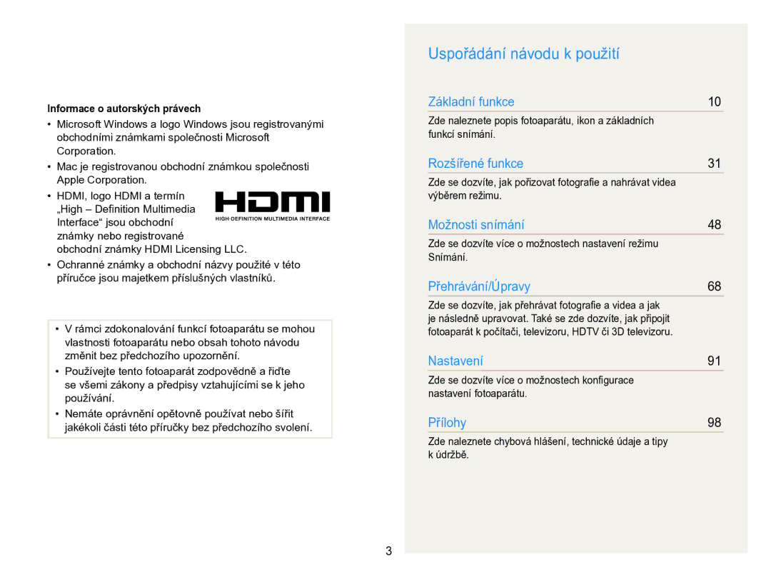 Samsung EC-WB100ZBABE3, EC-WB100ZBARE3 manual Uspořádání návodu k použití, Informace o autorských právech 