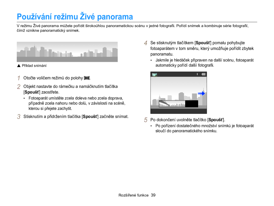 Samsung EC-WB100ZBABE3, EC-WB100ZBARE3 manual Používání režimu Živé panorama, Spoušť zaostřete 