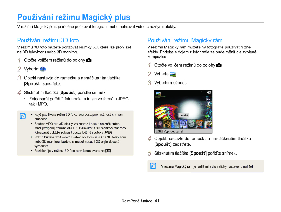 Samsung EC-WB100ZBABE3 Používání režimu Magický plus, Používání režimu 3D foto, Používání režimu Magický rám, Vyberte 