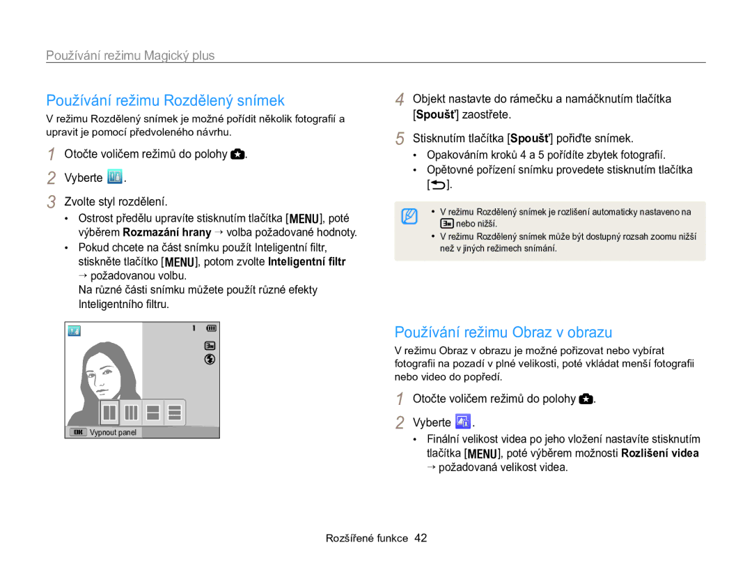 Samsung EC-WB100ZBARE3 Používání režimu Rozdělený snímek, Používání režimu Obraz v obrazu, Používání režimu Magický plus 