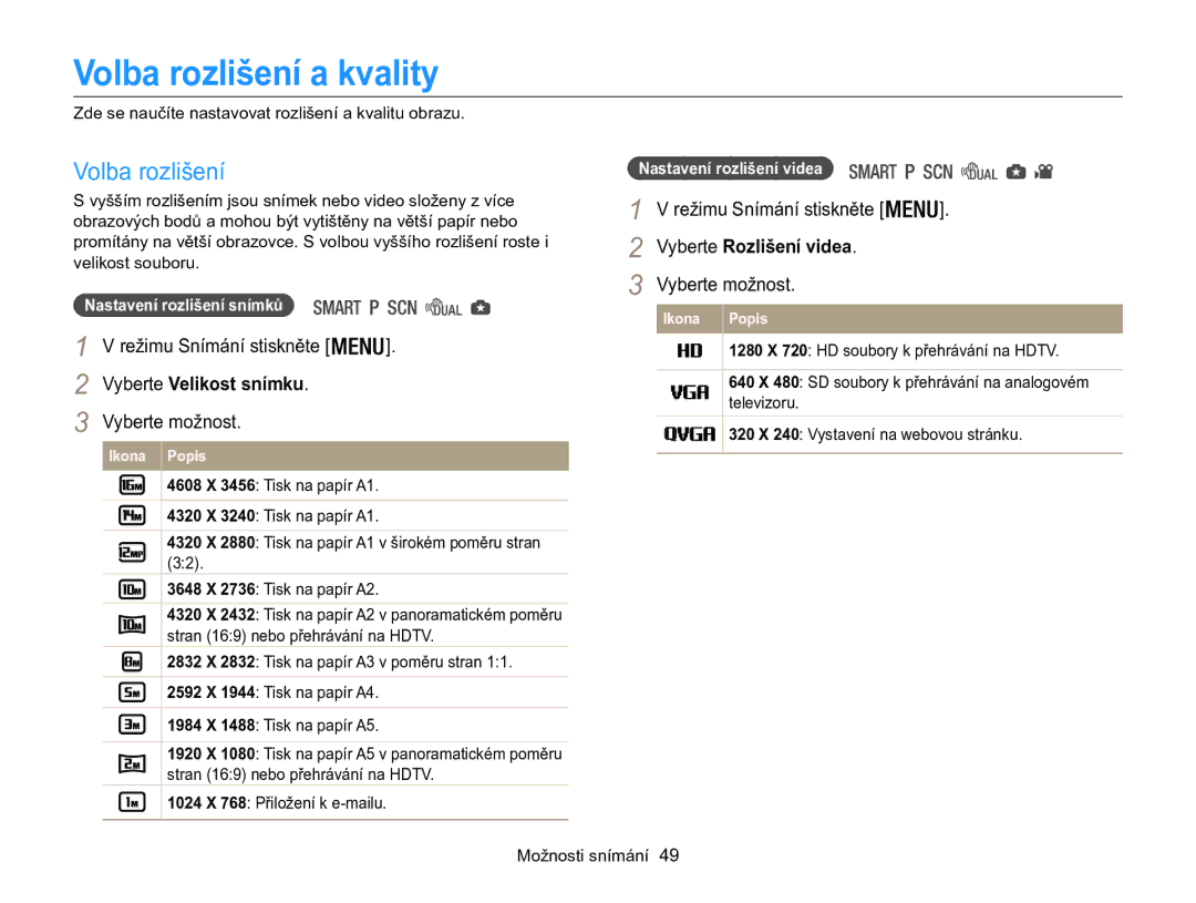 Samsung EC-WB100ZBABE3, EC-WB100ZBARE3 manual Volba rozlišení a kvality, Vyberte Velikost snímku, Vyberte Rozlišení videa 