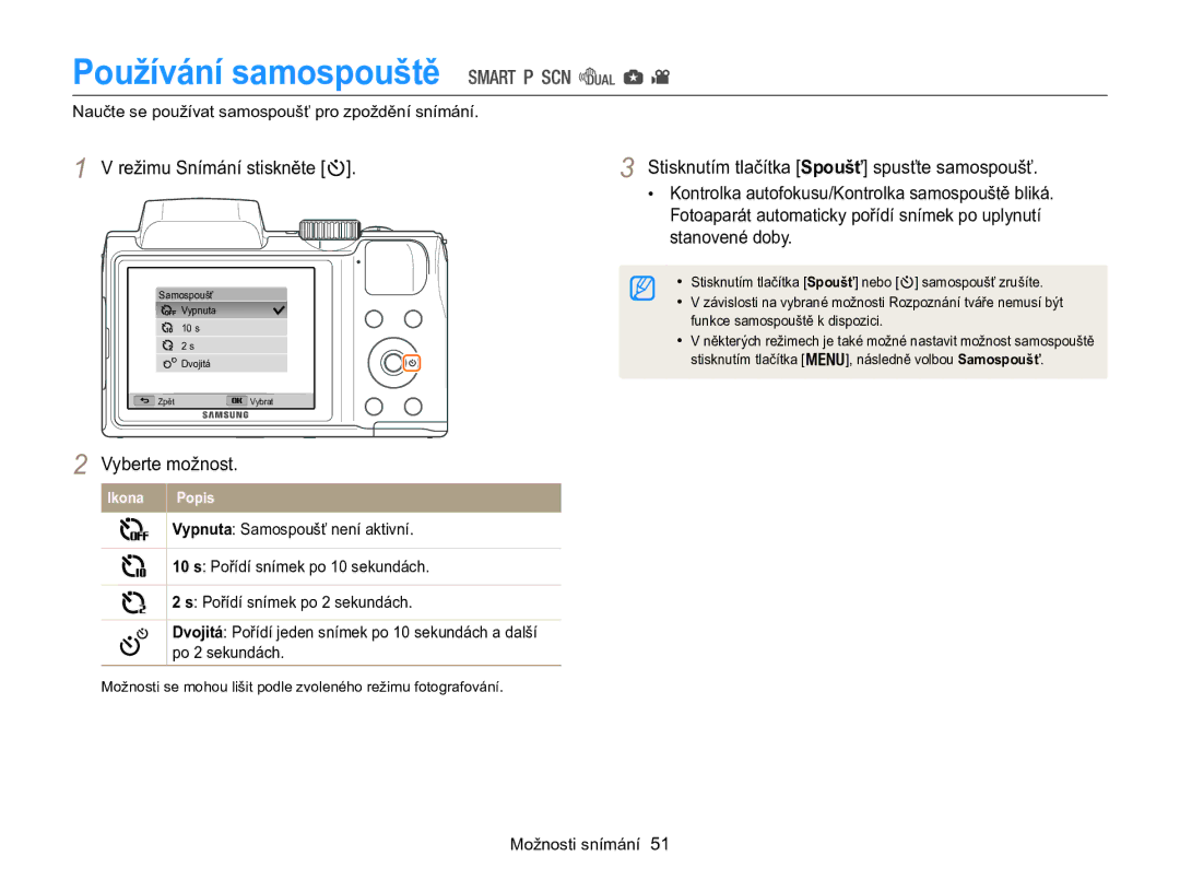 Samsung EC-WB100ZBABE3, EC-WB100ZBARE3 manual Používání samospouště, Naučte se používat samospoušť pro zpoždění snímání 