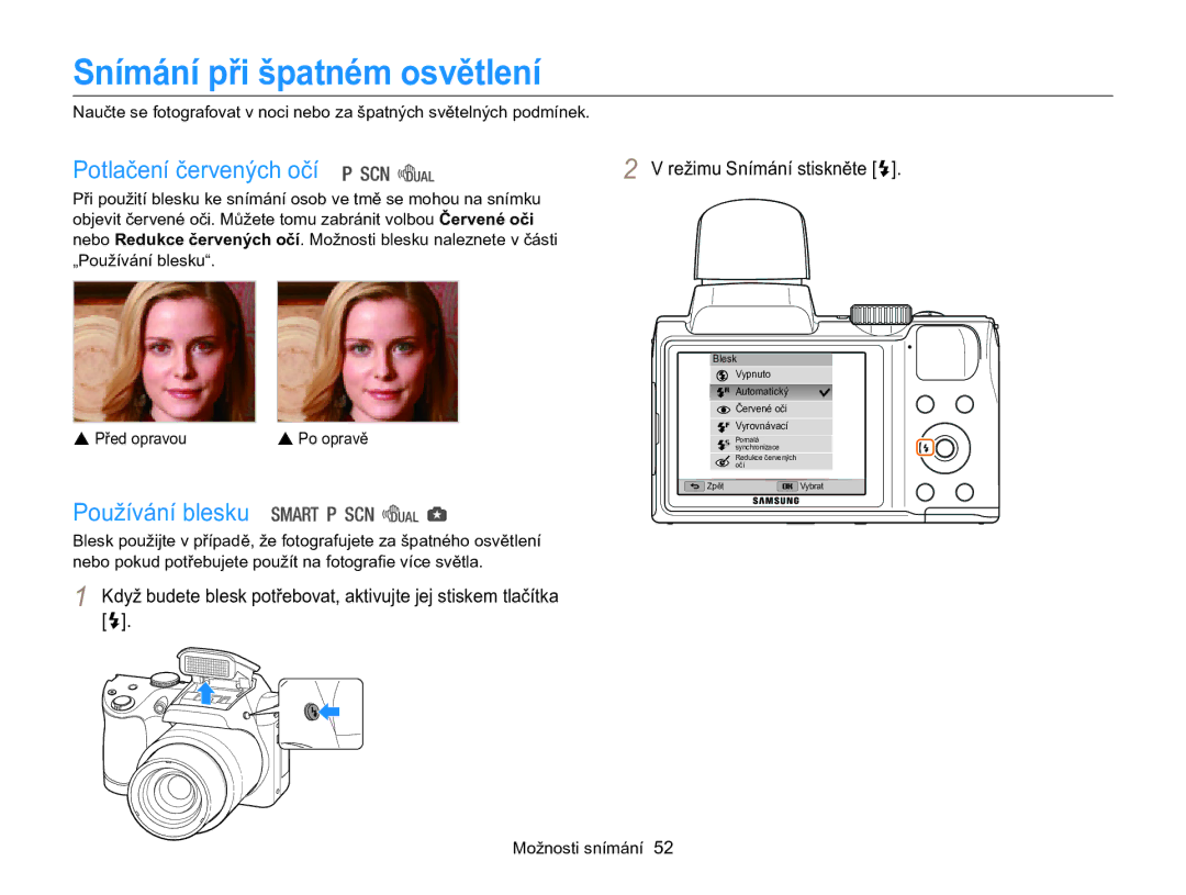 Samsung EC-WB100ZBARE3, EC-WB100ZBABE3 manual Snímání při špatném osvětlení, Potlačení červených očí, Používání blesku 