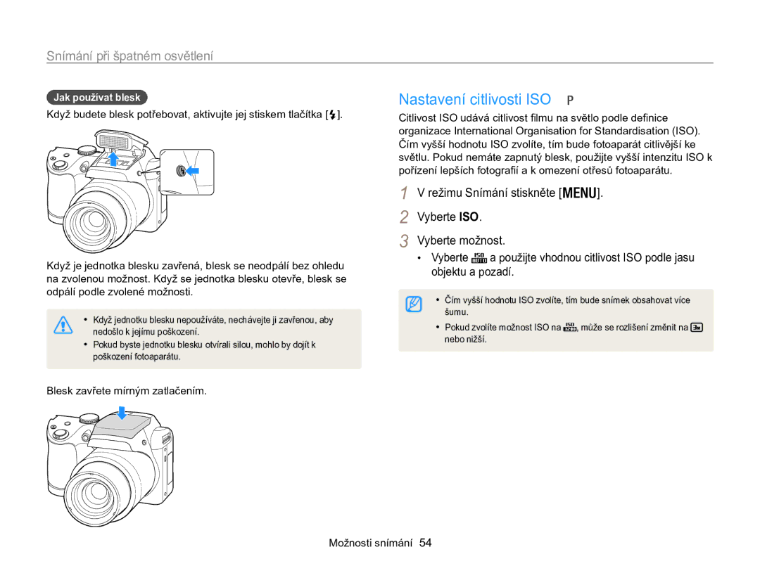 Samsung EC-WB100ZBARE3, EC-WB100ZBABE3 manual Nastavení citlivosti ISO, Jak používat blesk, Blesk zavřete mírným zatlačením 