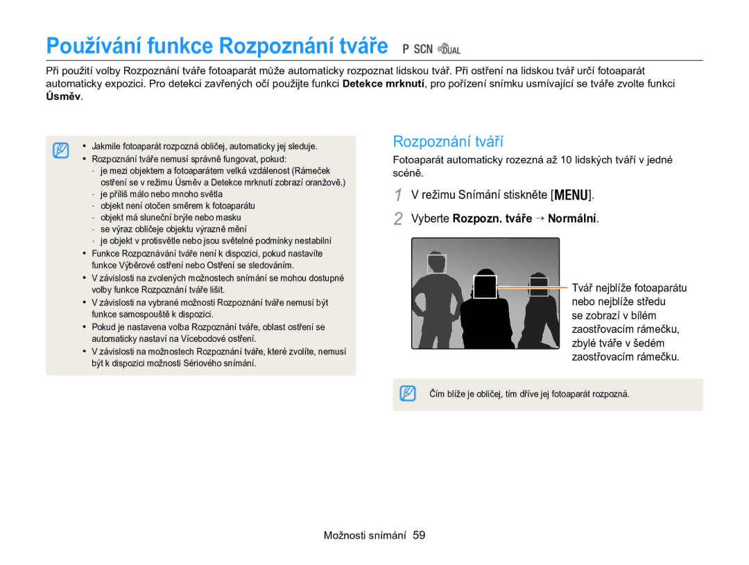 Samsung EC-WB100ZBABE3, EC-WB100ZBARE3 manual Používání funkce Rozpoznání tváře, Rozpoznání tváří 