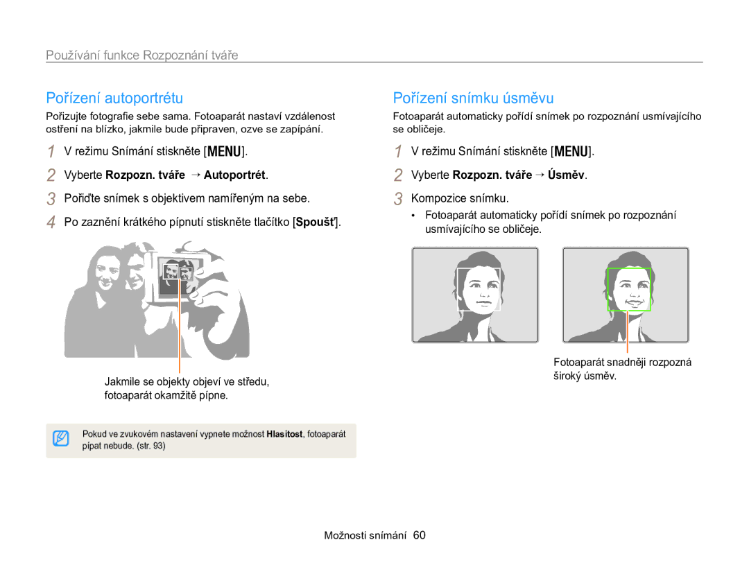 Samsung EC-WB100ZBARE3, EC-WB100ZBABE3 Pořízení autoportrétu, Pořízení snímku úsměvu, Používání funkce Rozpoznání tváře 