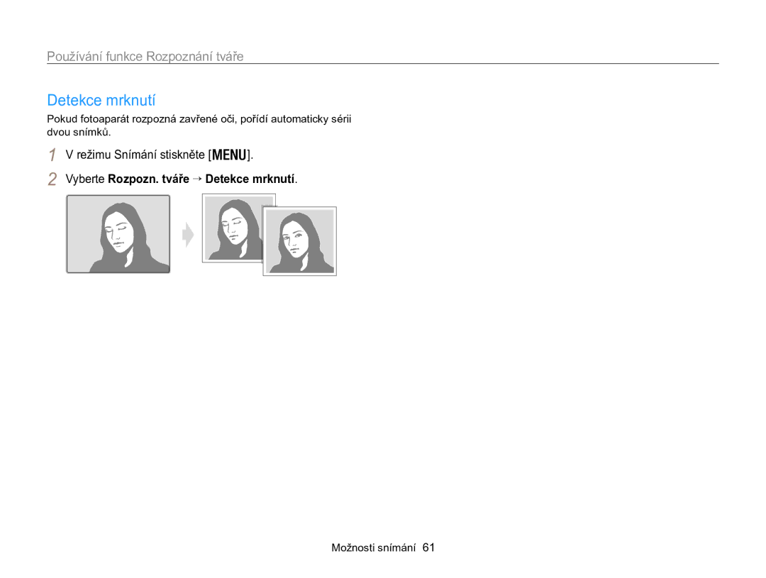 Samsung EC-WB100ZBABE3, EC-WB100ZBARE3 manual Vyberte Rozpozn. tváře → Detekce mrknutí 