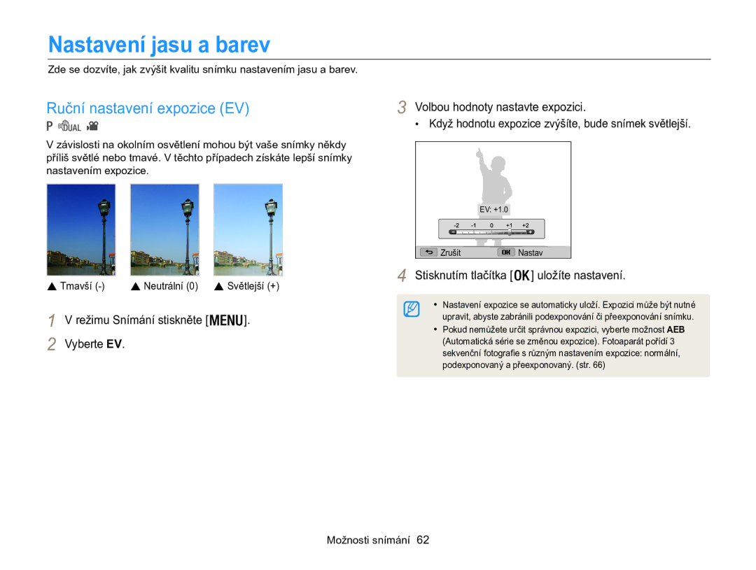 Samsung EC-WB100ZBARE3, EC-WB100ZBABE3 manual Nastavení jasu a barev, Ruční nastavení expozice EV 