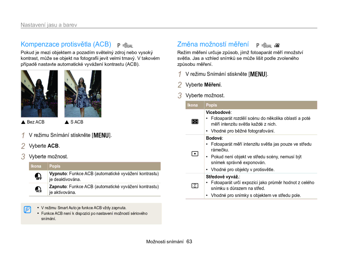 Samsung EC-WB100ZBABE3, EC-WB100ZBARE3 manual Kompenzace protisvětla ACB, Změna možností měření, Nastavení jasu a barev 