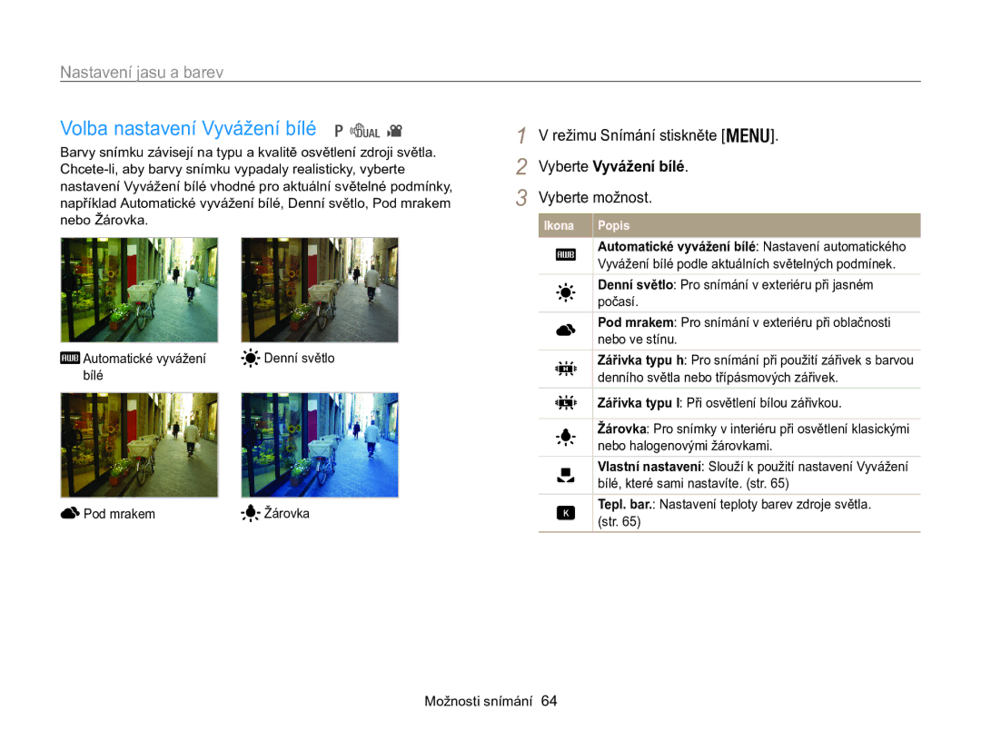 Samsung EC-WB100ZBARE3, EC-WB100ZBABE3 manual Volba nastavení Vyvážení bílé 