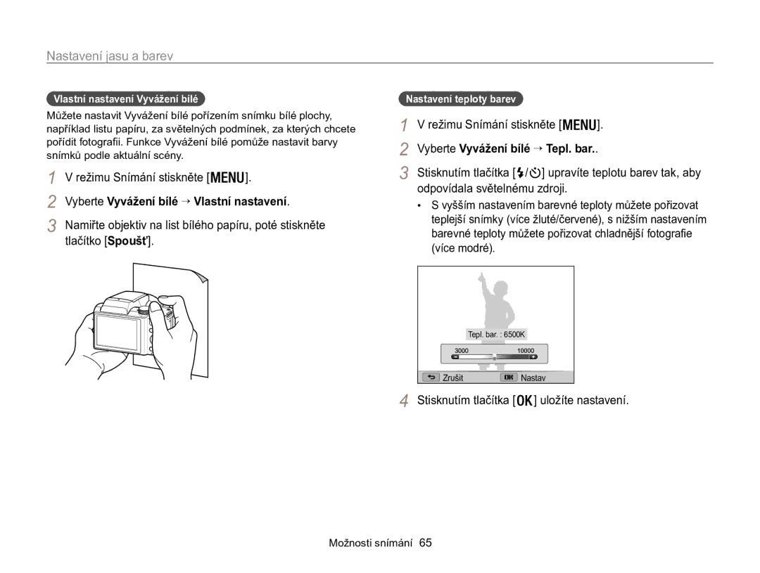 Samsung EC-WB100ZBABE3 manual Vyberte Vyvážení bílé → Vlastní nastavení, Tlačítko Spoušť, Vyberte Vyvážení bílé → Tepl. bar 