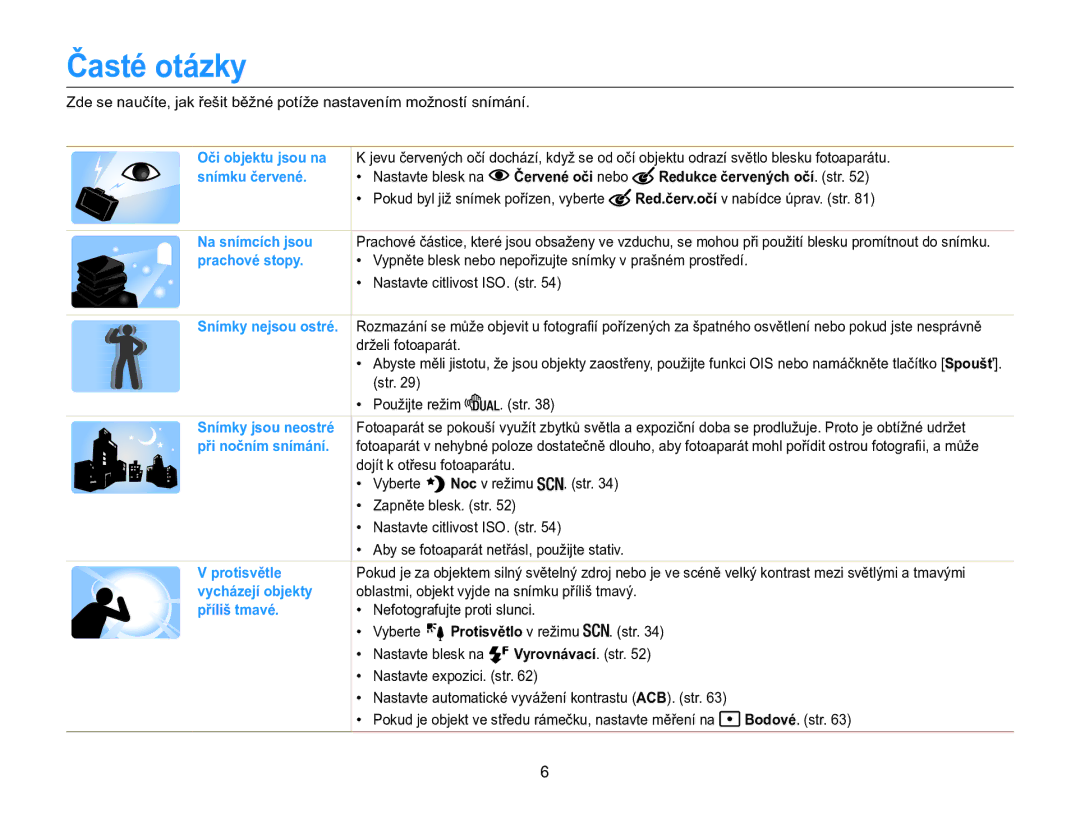 Samsung EC-WB100ZBARE3, EC-WB100ZBABE3 Časté otázky, Redukce červených očí. str, Protisvětlo v režimu, Vyrovnávací. str 