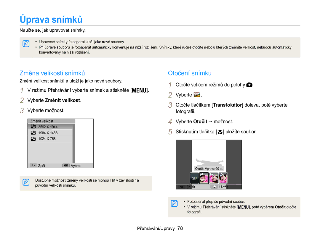 Samsung EC-WB100ZBARE3, EC-WB100ZBABE3 manual Změna velikosti snímků, Otočení snímku, Vyberte Změnit velikost 