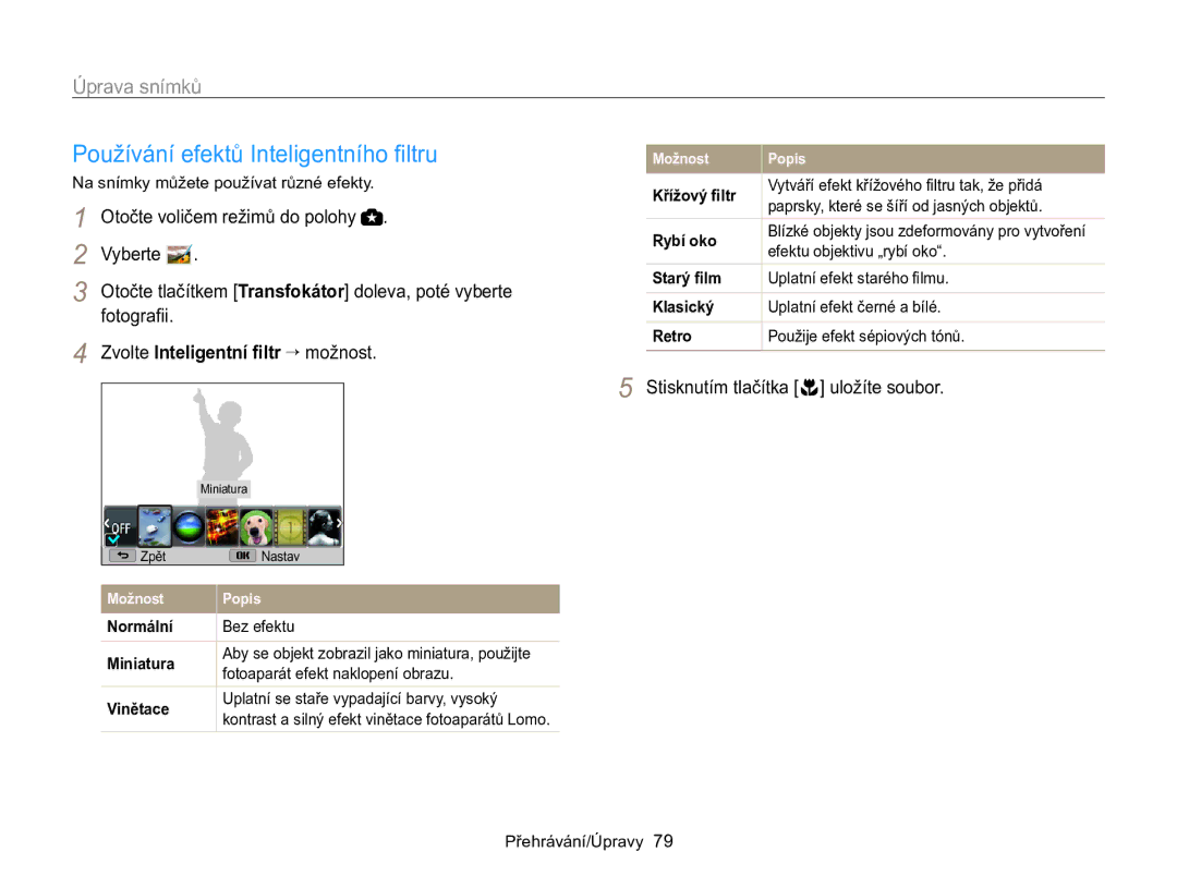 Samsung EC-WB100ZBABE3 manual Používání efektů Inteligentního filtru, Úprava snímků, Zvolte Inteligentní filtr → možnost 