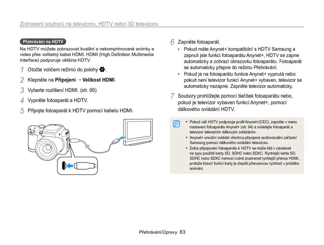 Samsung EC-WB100ZBABE3 Zobrazení souborů na televizoru, Hdtv nebo 3D televizoru, Klepněte na Připojení → Velikost Hdmi 