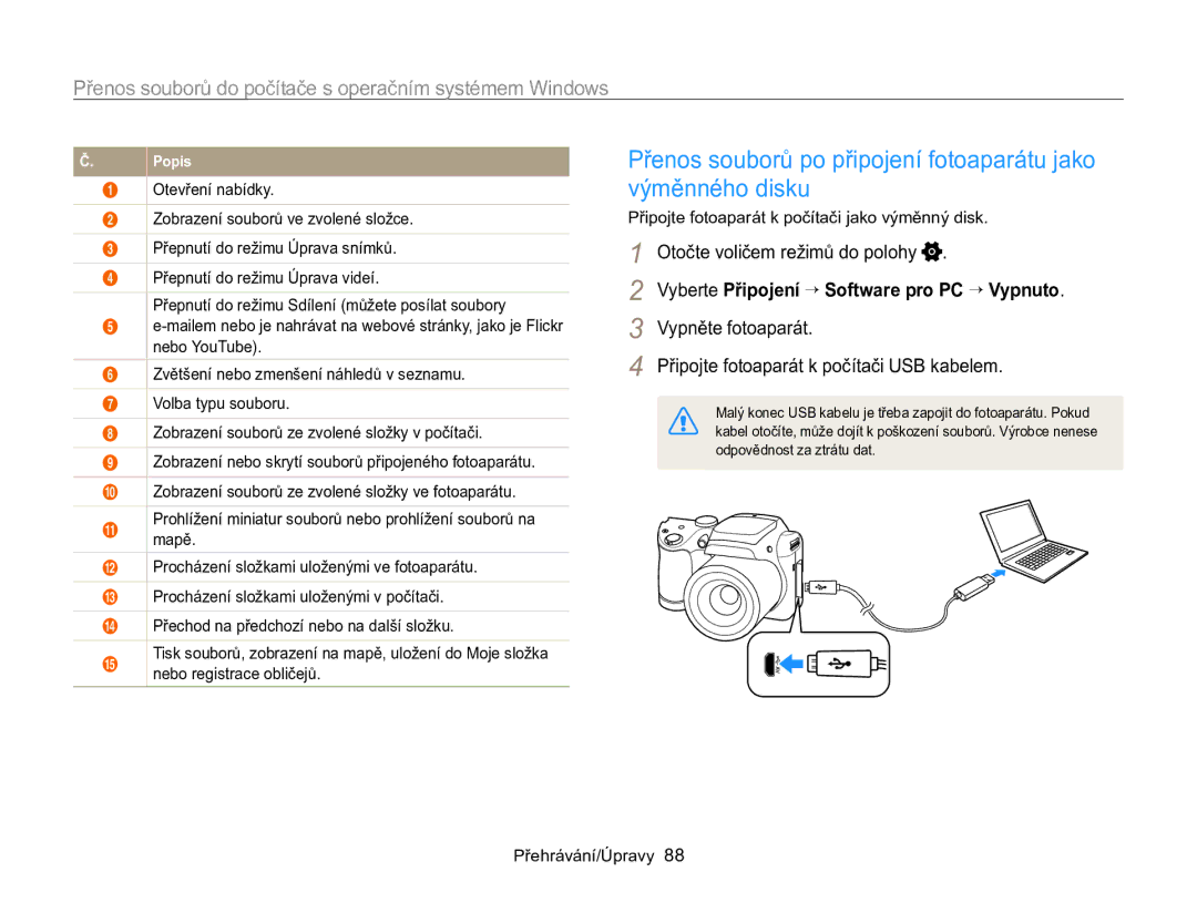 Samsung EC-WB100ZBARE3 Vyberte Připojení → Software pro PC → Vypnuto, Připojte fotoaparát k počítači jako výměnný disk 