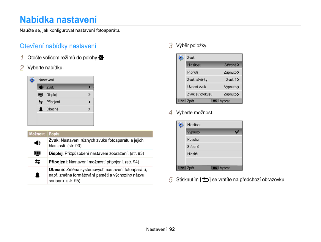 Samsung EC-WB100ZBARE3, EC-WB100ZBABE3 manual Nabídka nastavení, Otevření nabídky nastavení, Výběr položky 