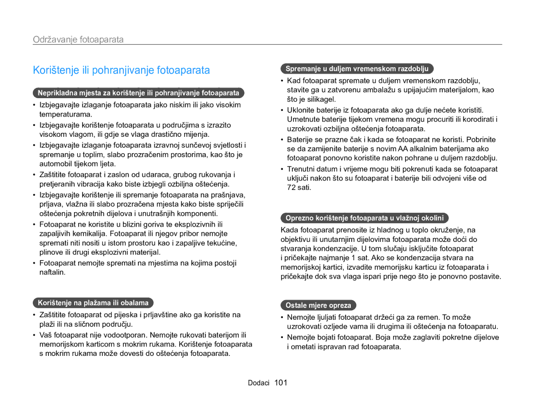 Samsung EC-WB100ZBABE3, EC-WB100ZBARE3 manual Korištenje ili pohranjivanje fotoaparata, Održavanje fotoaparata 