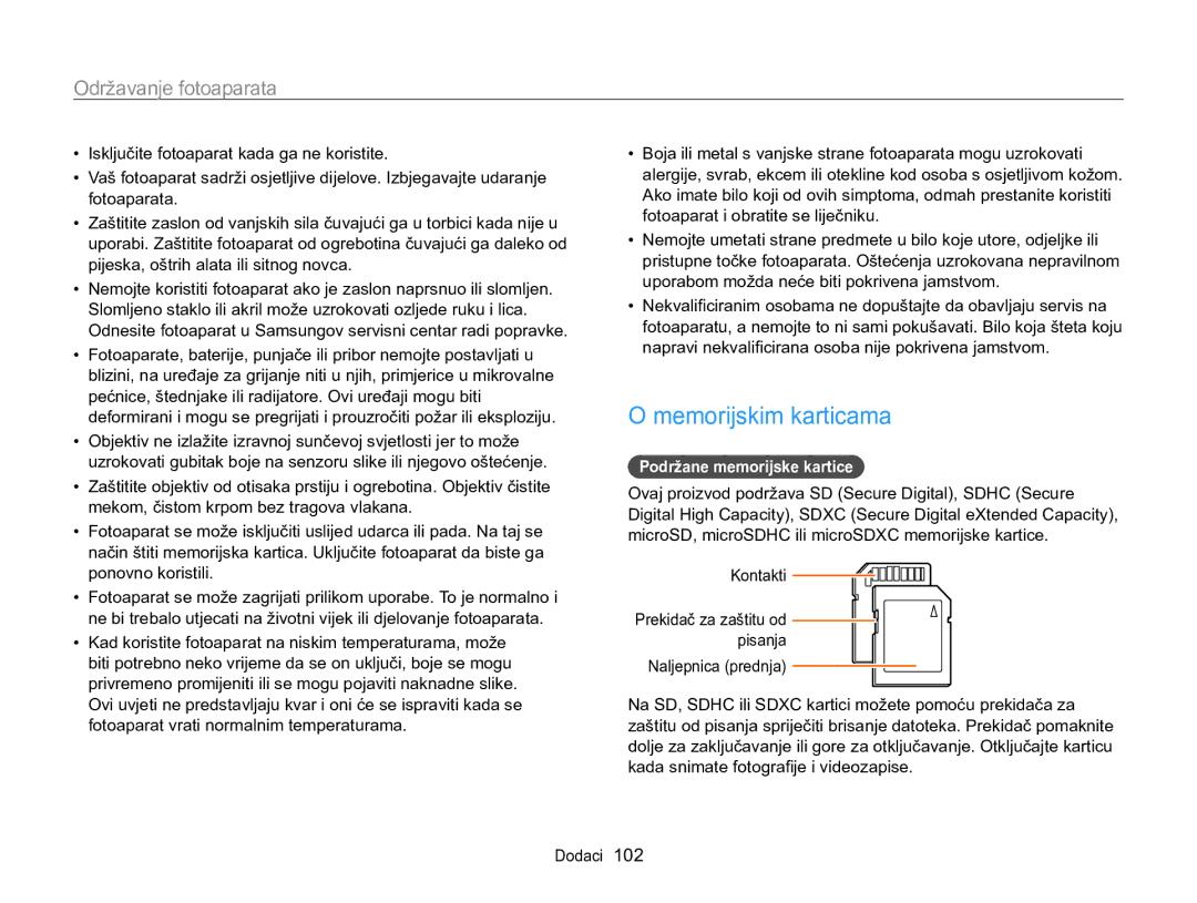 Samsung EC-WB100ZBARE3, EC-WB100ZBABE3 manual Memorijskim karticama, Podržane memorijske kartice 