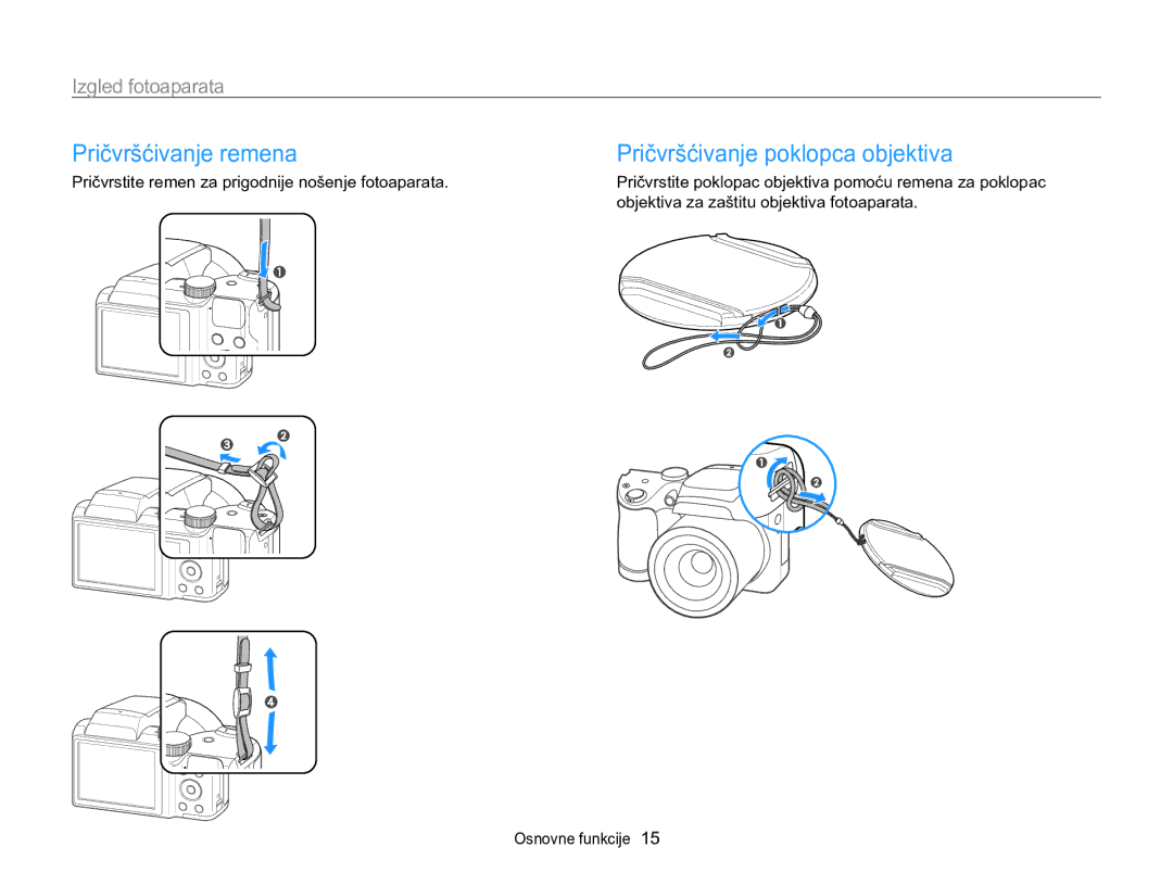 Samsung EC-WB100ZBABE3, EC-WB100ZBARE3 manual Pričvršćivanje remena, Pričvršćivanje poklopca objektiva 