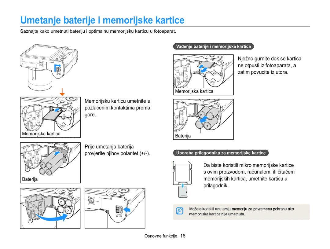 Samsung EC-WB100ZBARE3, EC-WB100ZBABE3 manual Umetanje baterije i memorijske kartice, Gore, Prije umetanja baterija 