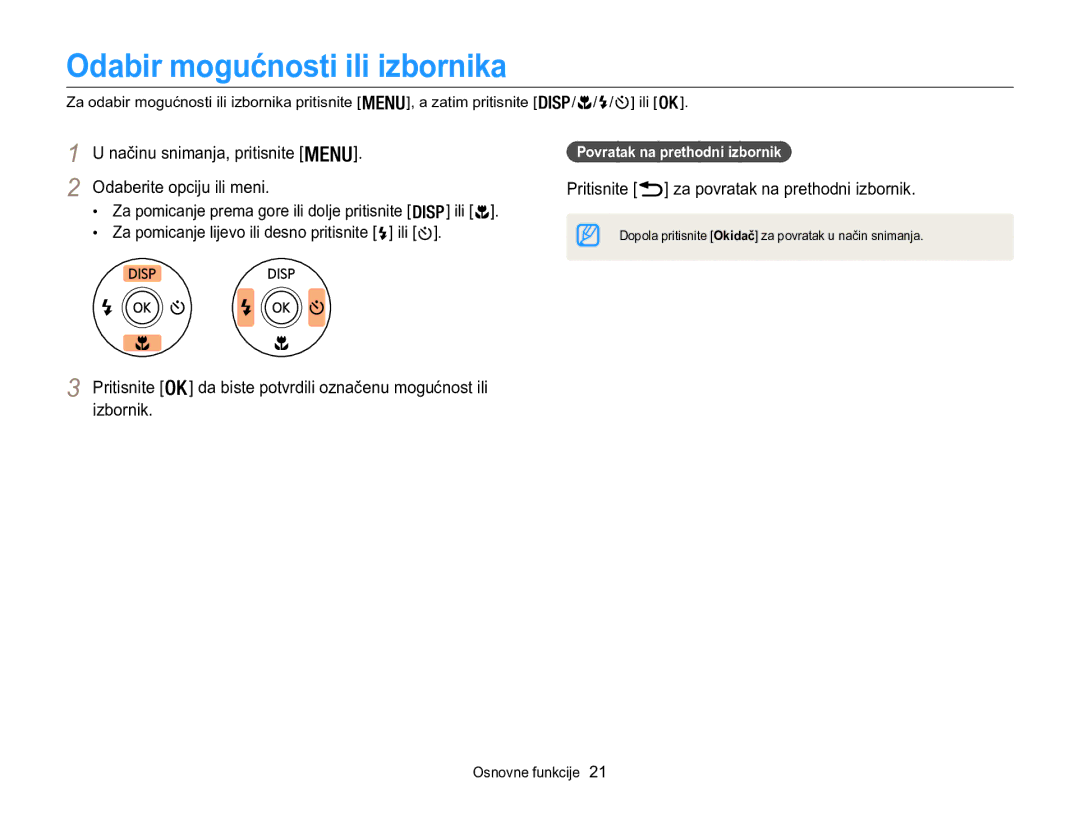 Samsung EC-WB100ZBABE3 manual Odabir mogućnosti ili izbornika, Načinu snimanja, pritisnite Odaberite opciju ili meni 