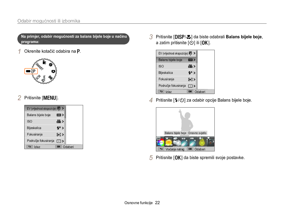 Samsung EC-WB100ZBARE3, EC-WB100ZBABE3 Odabir mogućnosti ili izbornika, Okrenite kotačić odabira na Pritisnite, Programa 