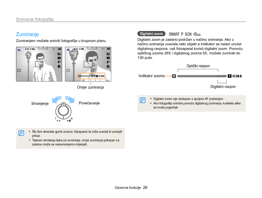 Samsung EC-WB100ZBARE3, EC-WB100ZBABE3 manual Zumiranje, Snimanje fotografija, Digitalni zoom 