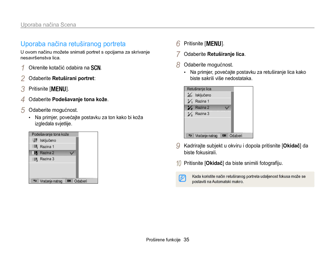 Samsung EC-WB100ZBABE3 manual Uporaba načina retuširanog portreta, Uporaba načina Scena, Odaberite Retuširani portret 