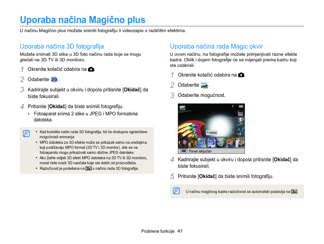 Samsung EC-WB100ZBABE3 manual Uporaba načina Magično plus, Uporaba načina 3D fotografija, Uporaba načina rada Magic okvir 