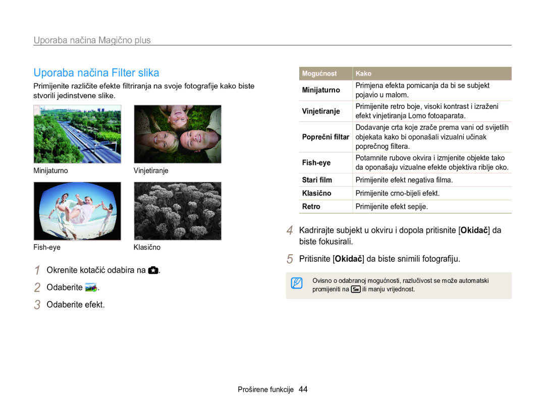 Samsung EC-WB100ZBARE3, EC-WB100ZBABE3 manual Uporaba načina Filter slika, Odaberite Odaberite efekt 