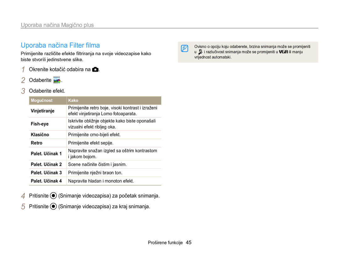 Samsung EC-WB100ZBABE3, EC-WB100ZBARE3 manual Uporaba načina Filter filma, Palet. Učinak 