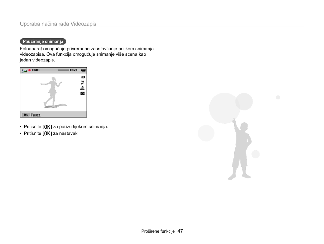 Samsung EC-WB100ZBABE3, EC-WB100ZBARE3 manual Uporaba načina rada Videozapis, Pauziranje snimanja 