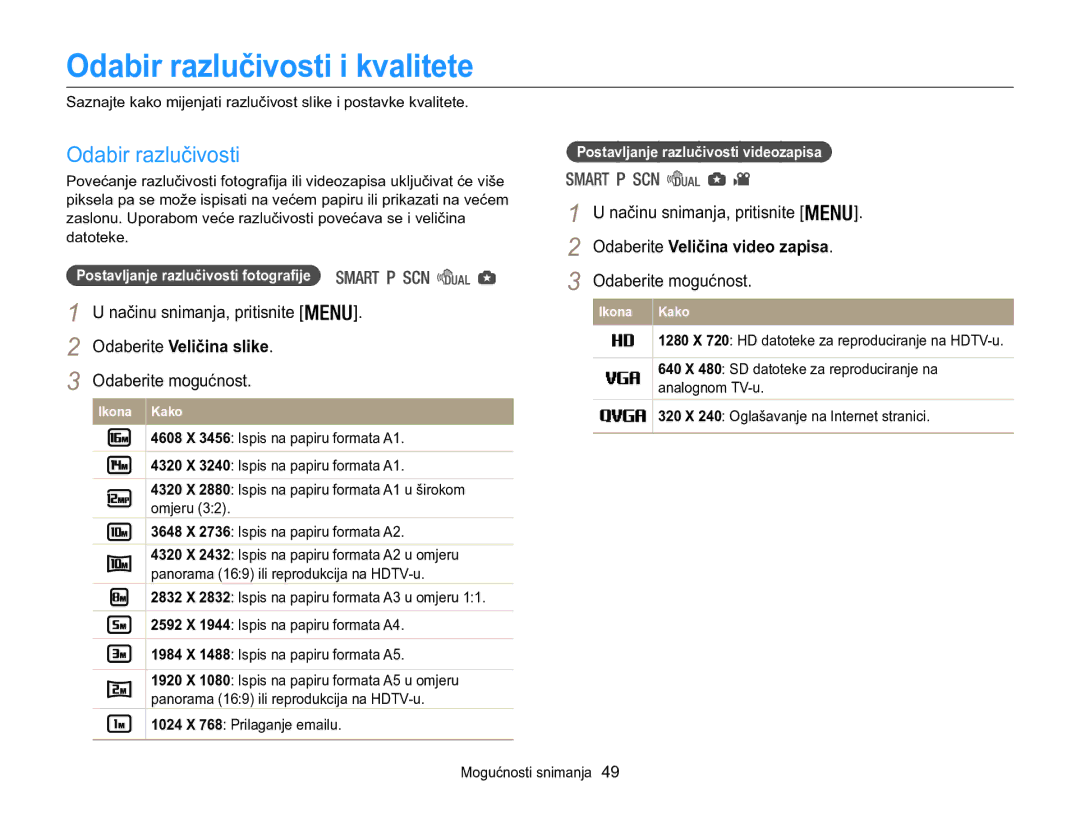 Samsung EC-WB100ZBABE3, EC-WB100ZBARE3 Odabir razlučivosti i kvalitete, Odaberite mogućnost Načinu snimanja, pritisnite 