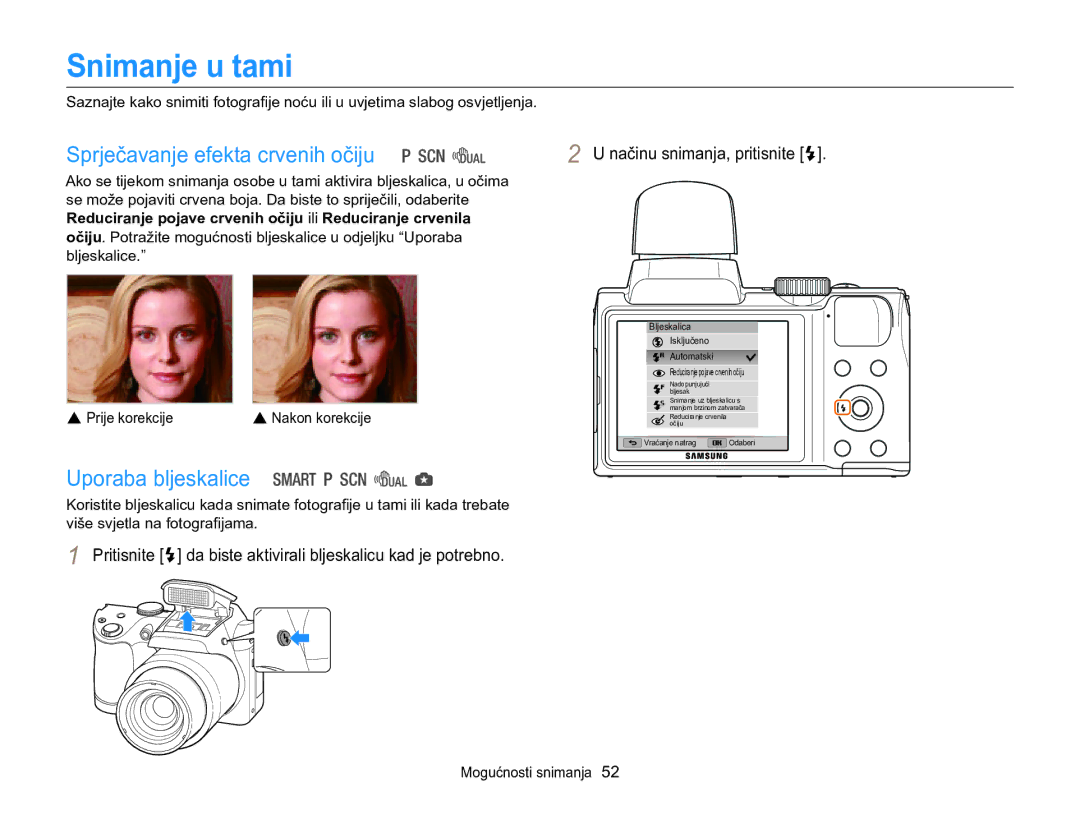 Samsung EC-WB100ZBARE3, EC-WB100ZBABE3 manual Snimanje u tami, Sprječavanje efekta crvenih očiju, Uporaba bljeskalice 