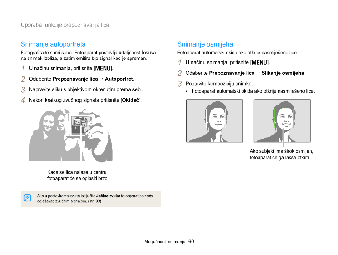 Samsung EC-WB100ZBARE3, EC-WB100ZBABE3 manual Snimanje autoportreta, Snimanje osmijeha, Uporaba funkcije prepoznavanja lica 