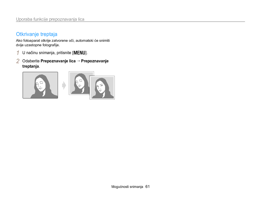 Samsung EC-WB100ZBABE3, EC-WB100ZBARE3 manual Otkrivanje treptaja, Treptanja, Odaberite Prepoznavanje lica → Prepoznavanje 