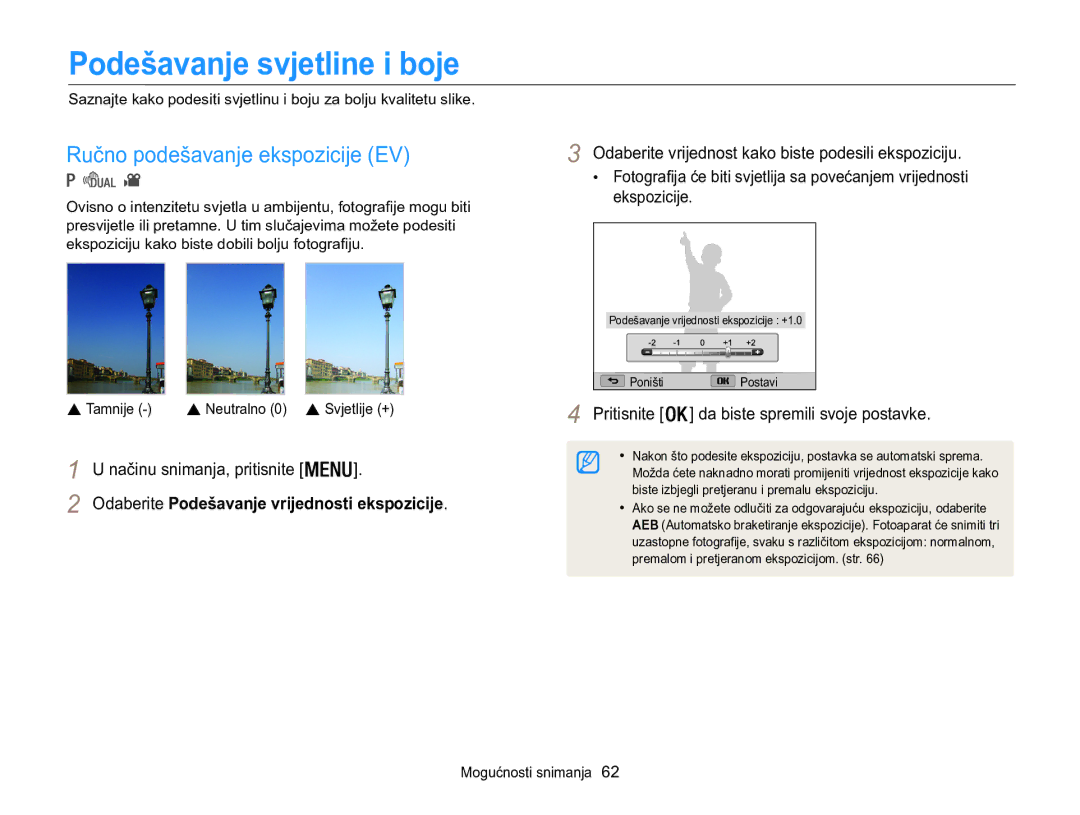 Samsung EC-WB100ZBARE3, EC-WB100ZBABE3 manual Podešavanje svjetline i boje, Ručno podešavanje ekspozicije EV 