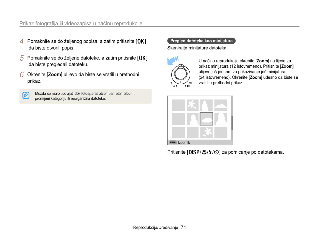 Samsung EC-WB100ZBABE3 Da biste otvorili popis, Da biste pregledali datoteku, Prikaz, Pregled datoteka kao minijatura 