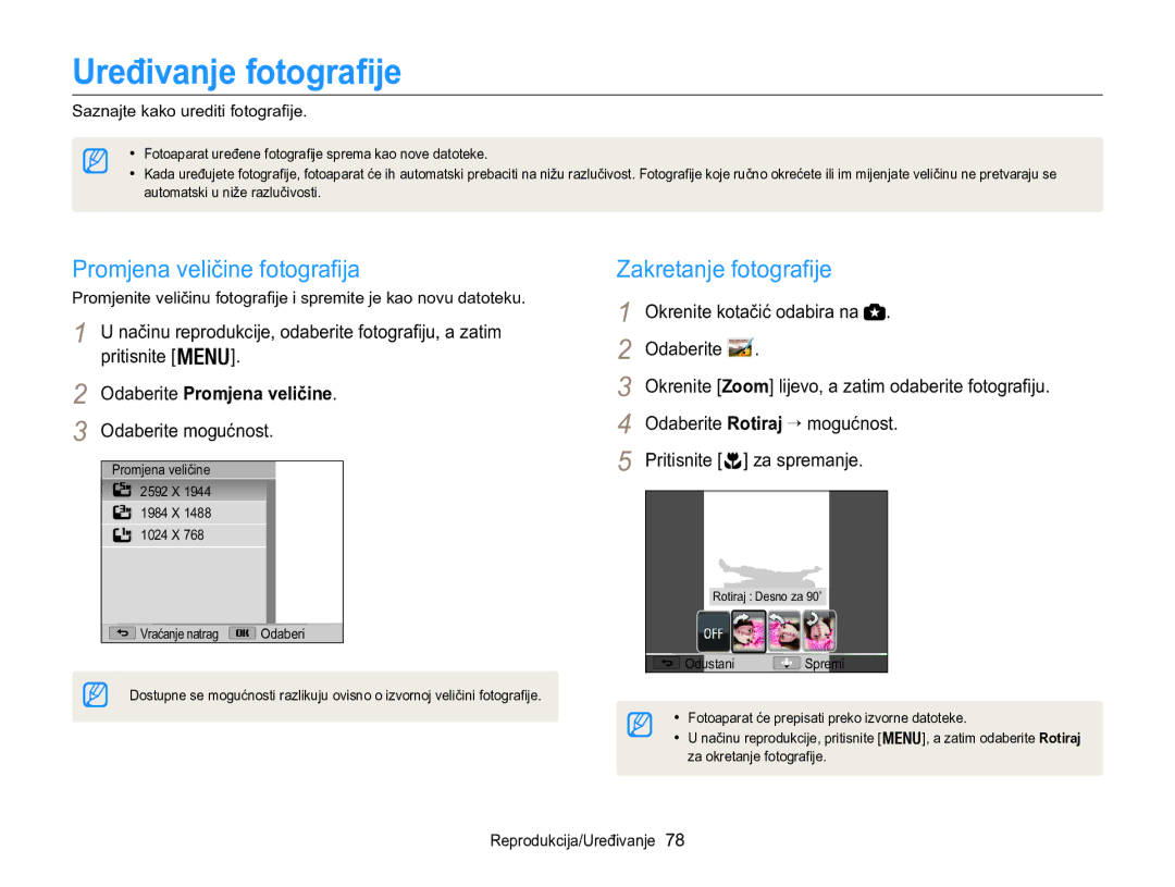 Samsung EC-WB100ZBARE3, EC-WB100ZBABE3 manual Uređivanje fotografije, Promjena veličine fotografija, Zakretanje fotografije 