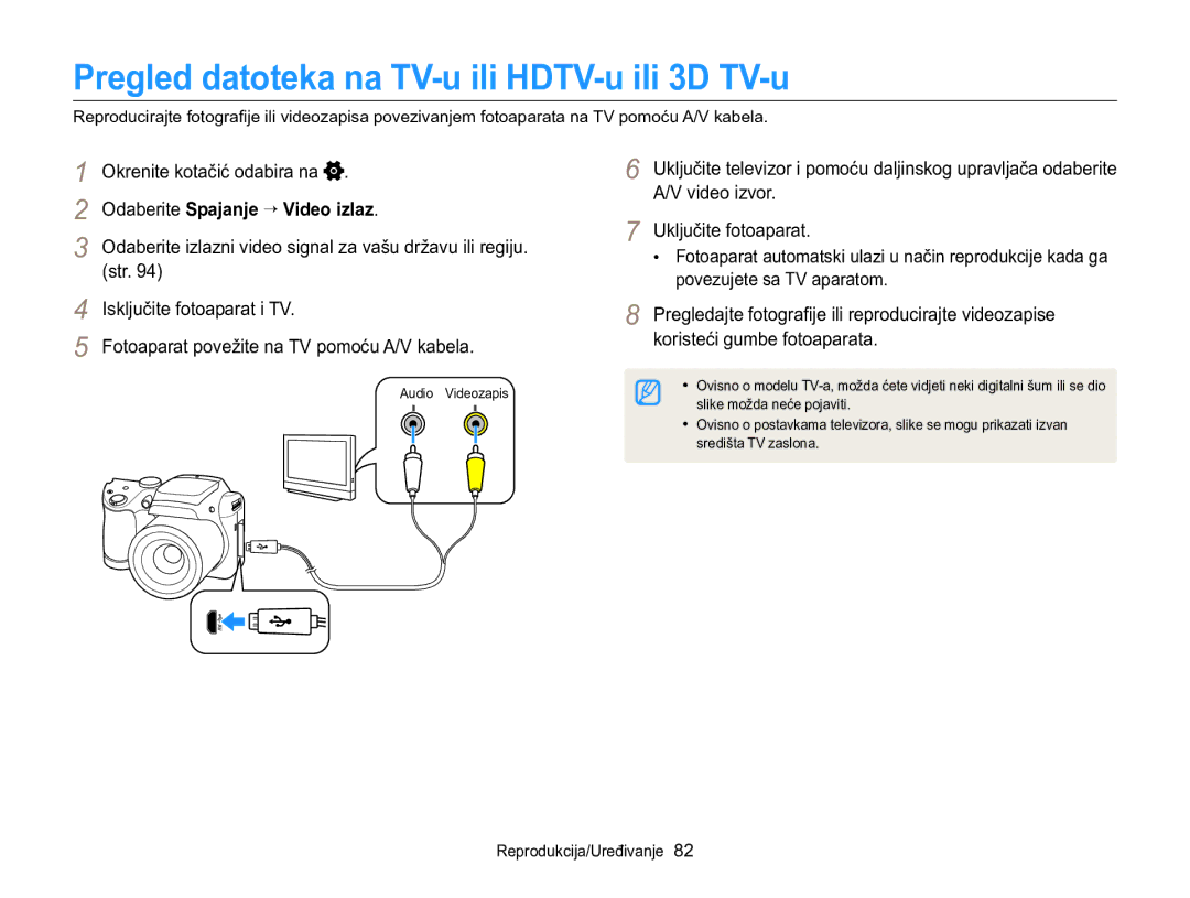 Samsung EC-WB100ZBARE3 manual Pregled datoteka na TV-u ili HDTV-u ili 3D TV-u, Odaberite Spajanje → Video izlaz, Str 