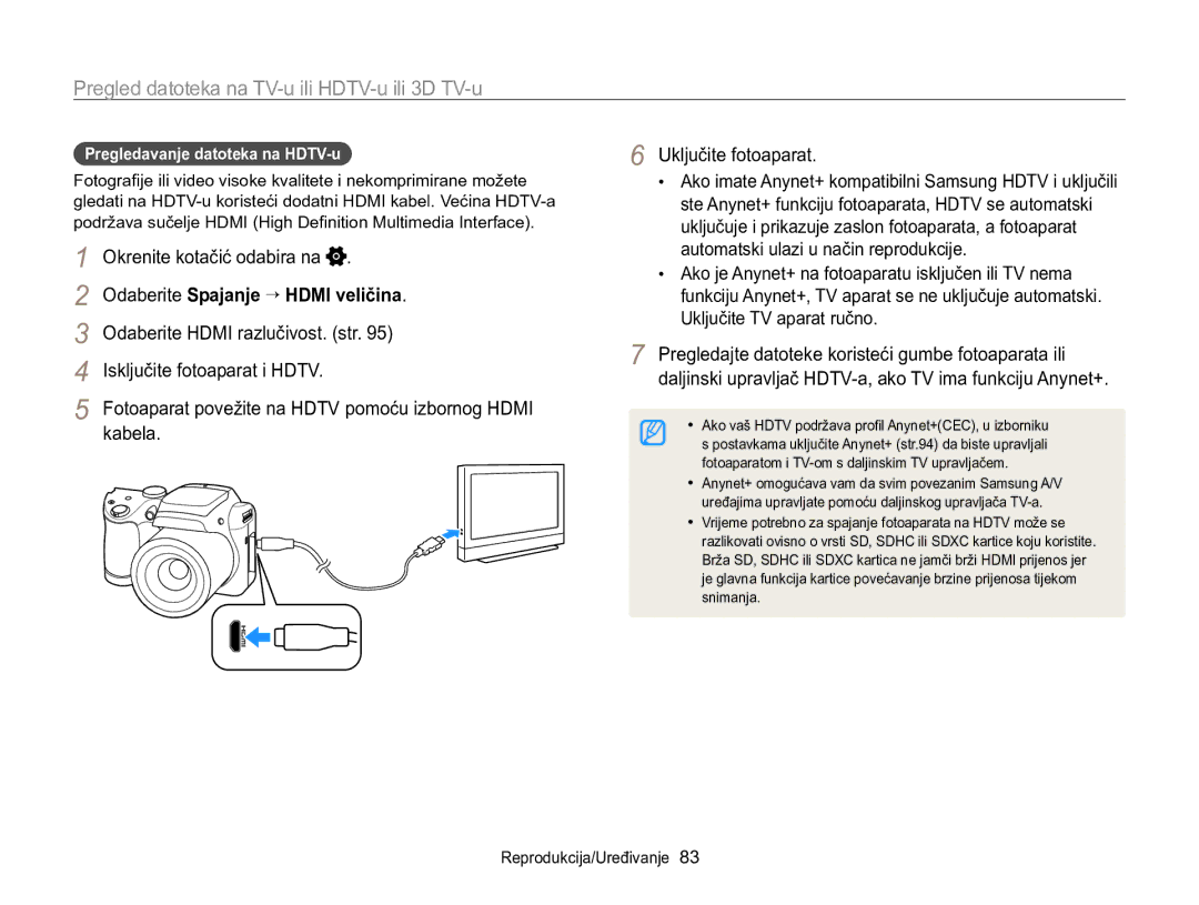 Samsung EC-WB100ZBABE3 manual Pregled datoteka na TV-u ili HDTV-u ili 3D TV-u, Odaberite Spajanje → Hdmi veličina, Kabela 