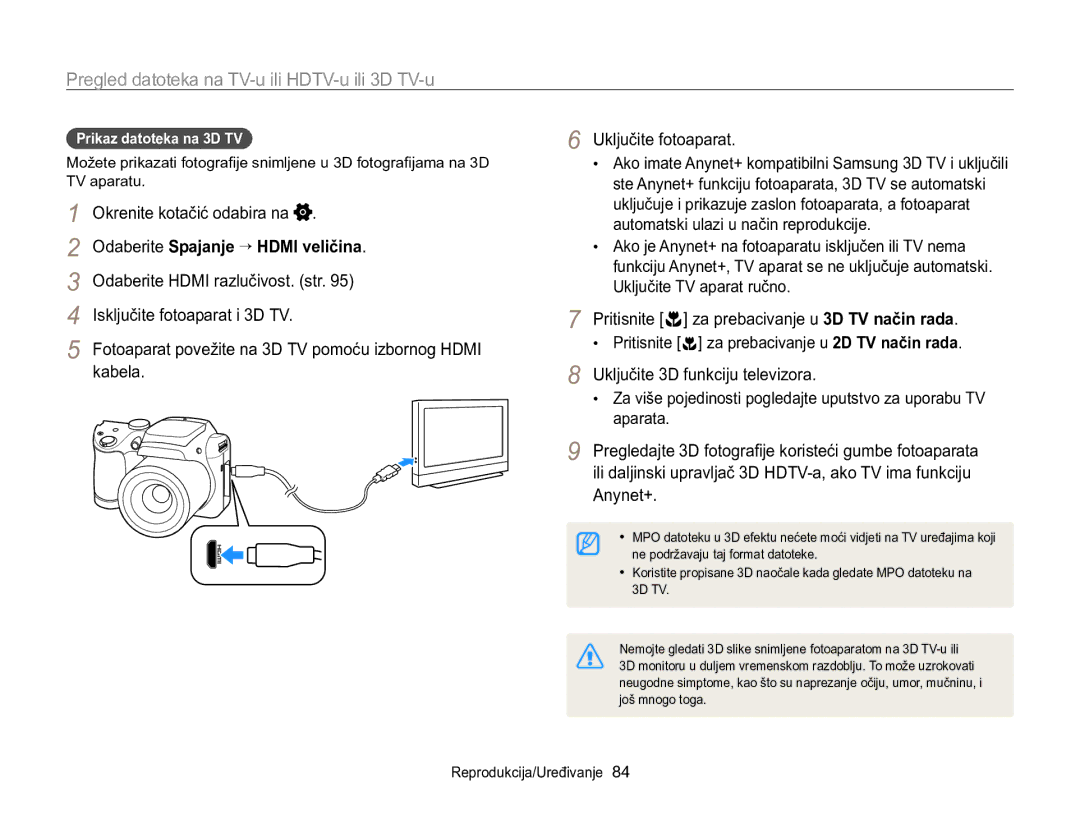 Samsung EC-WB100ZBARE3, EC-WB100ZBABE3 manual Isključite fotoaparat i 3D TV, Prikaz datoteka na 3D TV 