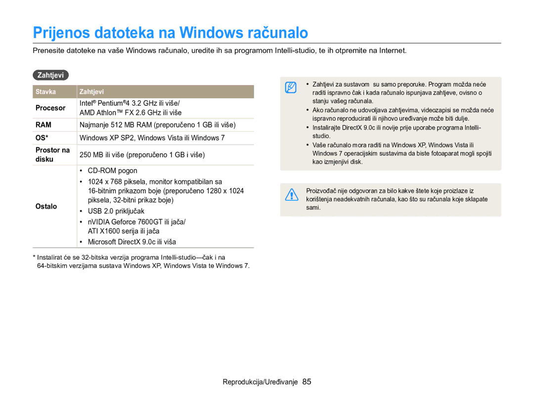 Samsung EC-WB100ZBABE3, EC-WB100ZBARE3 manual Prijenos datoteka na Windows računalo, Zahtjevi 