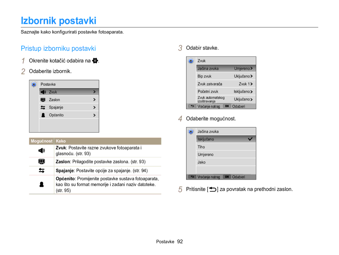 Samsung EC-WB100ZBARE3, EC-WB100ZBABE3 manual Izbornik postavki, Pristup izborniku postavki, Odabir stavke 