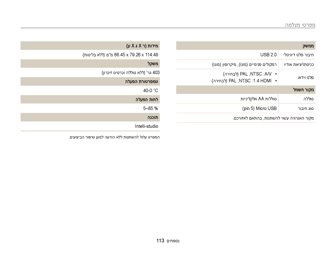 Samsung EC-WB100ZBABIL manual ג X ר תודימ, לקשמ, הלעפה תרוטרפמט, הלעפה תוחל, הנכות, קשממ, למשח רוקמ 