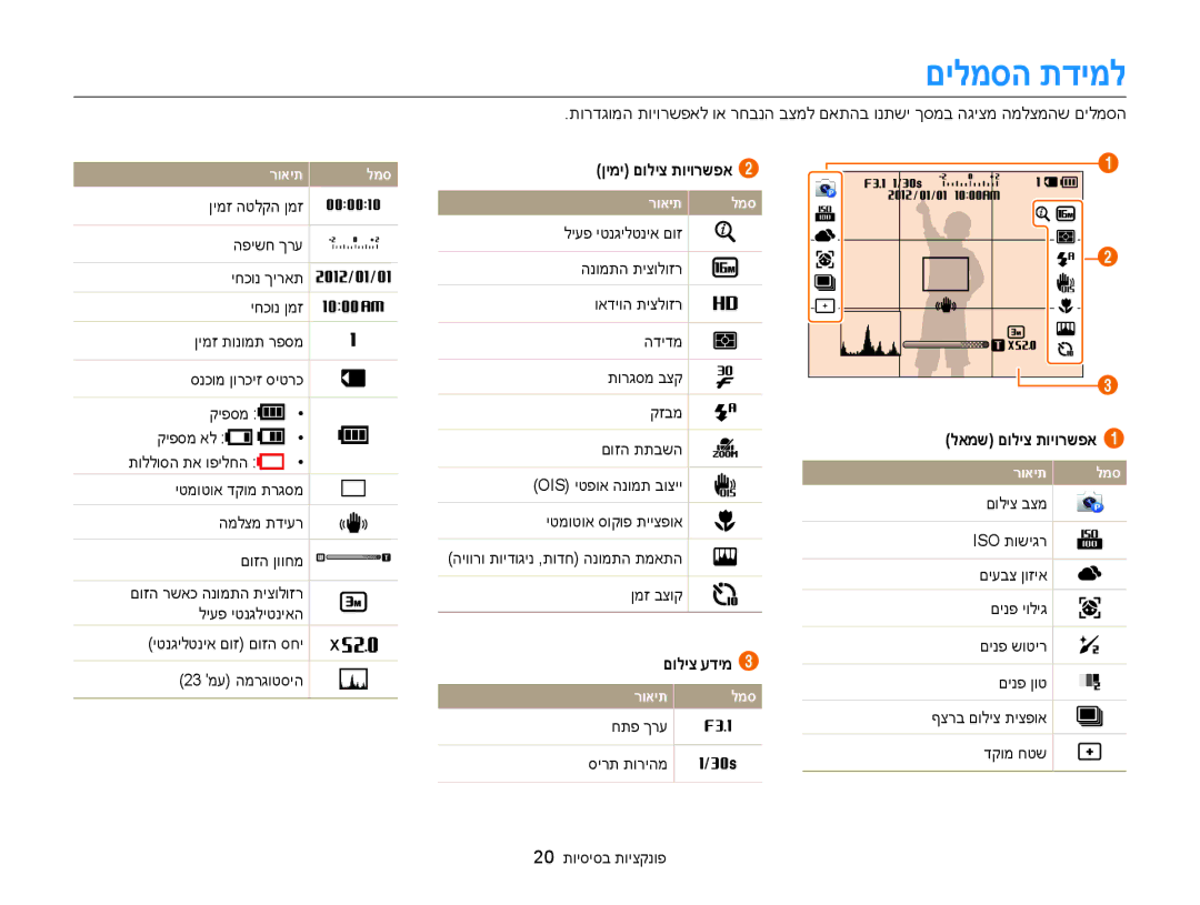 Samsung EC-WB100ZBABIL manual םילמסה תדימל, ןימי םוליצ תויורשפא, הנומתה תיצולוזר ואדיוה תיצלוזר, םוליצ עדימ 