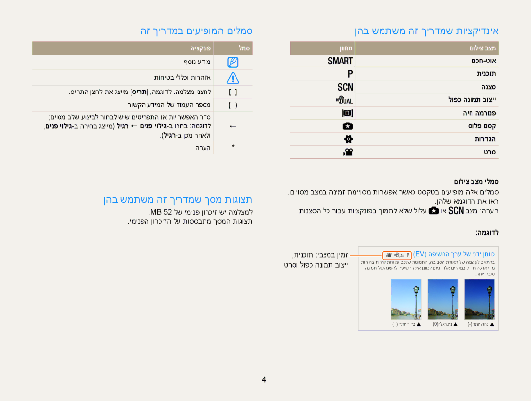 Samsung EC-WB100ZBABIL manual הז ךירדמב םיעיפומה םילמס, ןהב שמתשמ הז ךירדמש ךסמ תוגוצת, ןהב שמתשמ הז ךירדמש תויצקידניא 