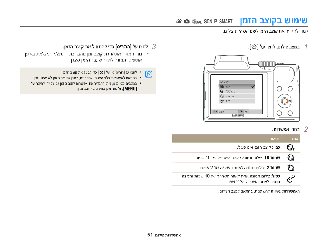 Samsung EC-WB100ZBABIL manual תורשפא ורחב2, םוליצ תייהשה םשל ןמזה בצוק תא רידגהל ודמל, 51 אפשרויות צילום 