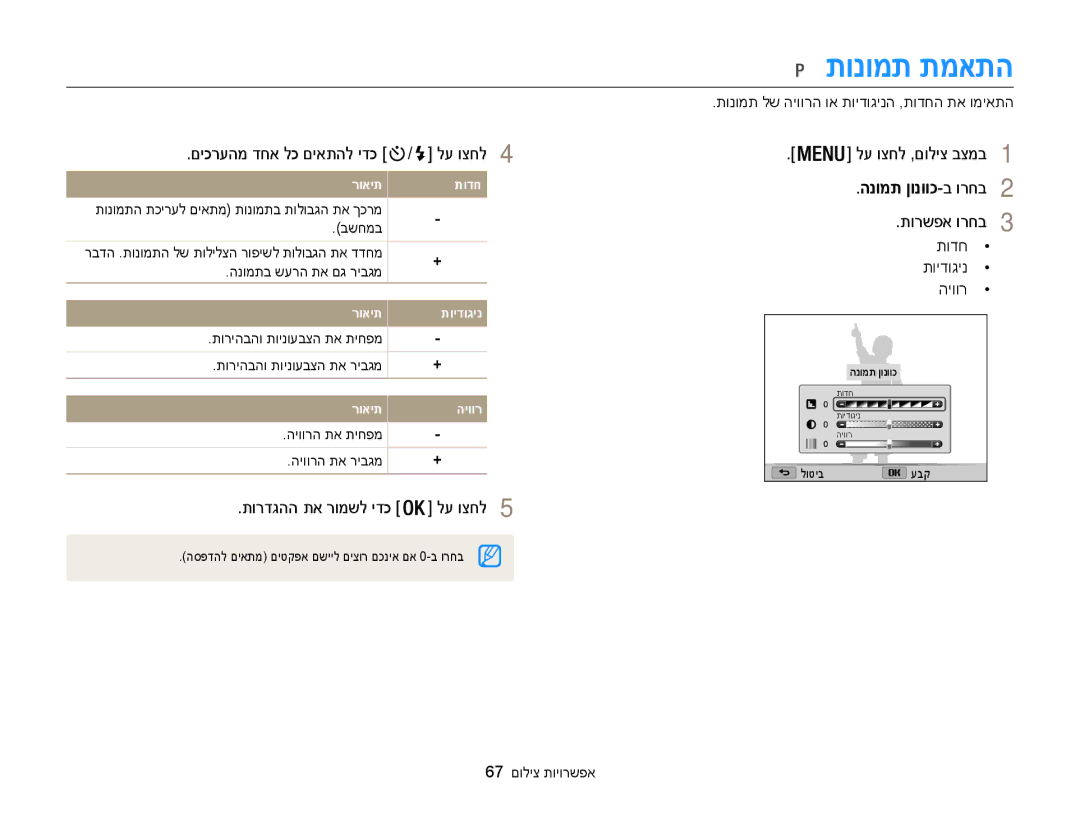 Samsung EC-WB100ZBABIL manual תונומת תמאתה, םיכרעהמ דחא לכ םיאתהל ידכ / לע וצחל4, תורדגהה תא רומשל ידכ לע וצחל5 